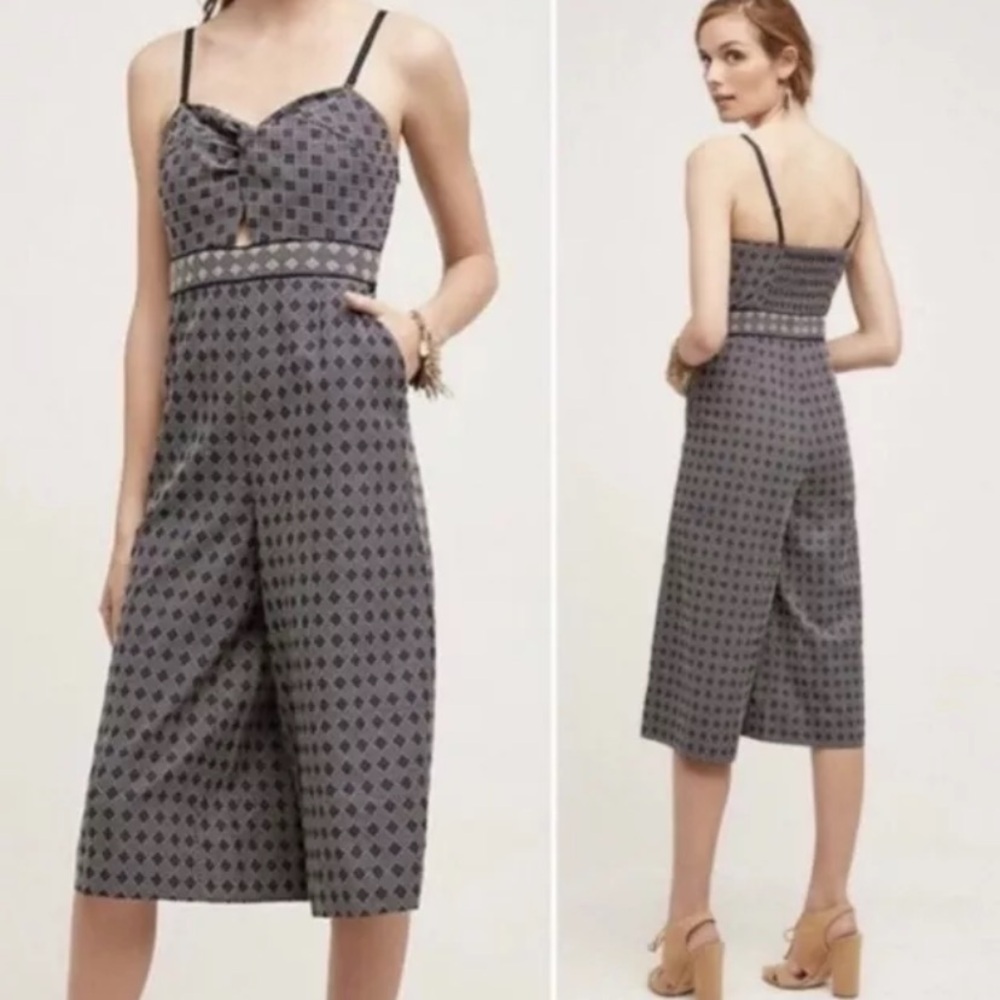 Elevenses Anthropology White and Navy Geometric Wide-Leg Jumpsuit Sz 2